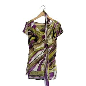 Worthington Blouse Y2K Short Sleeves Multicolored Belted Tops Funky Whimsical